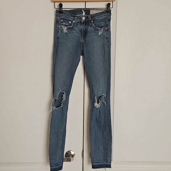 Women's Blue Distressed Jeans With Raw Hem - Picture 3 of 16